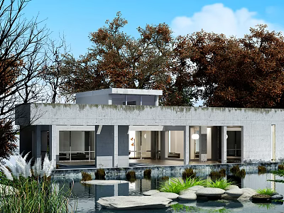 Modern Detached Villa With Concrete Exterior Surrounded By Trees Pond Stones And Green Plants 3d model