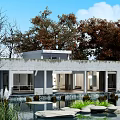 Modern Detached Villa With Concrete Exterior Surrounded By Trees Pond Stones And Green Plants