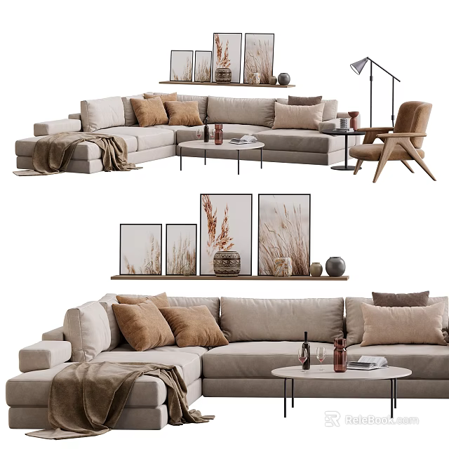 Cozy Beige Fabric Sofa With Brown Cushions And Round Coffee Table In Modern Living Interior 3d model 