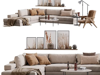 Cozy Beige Fabric Sofa With Brown Cushions And Round Coffee Table In Modern Living Interior 3d model