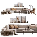 Cozy Beige Fabric Sofa With Brown Cushions And Round Coffee Table In Modern Living Interior
