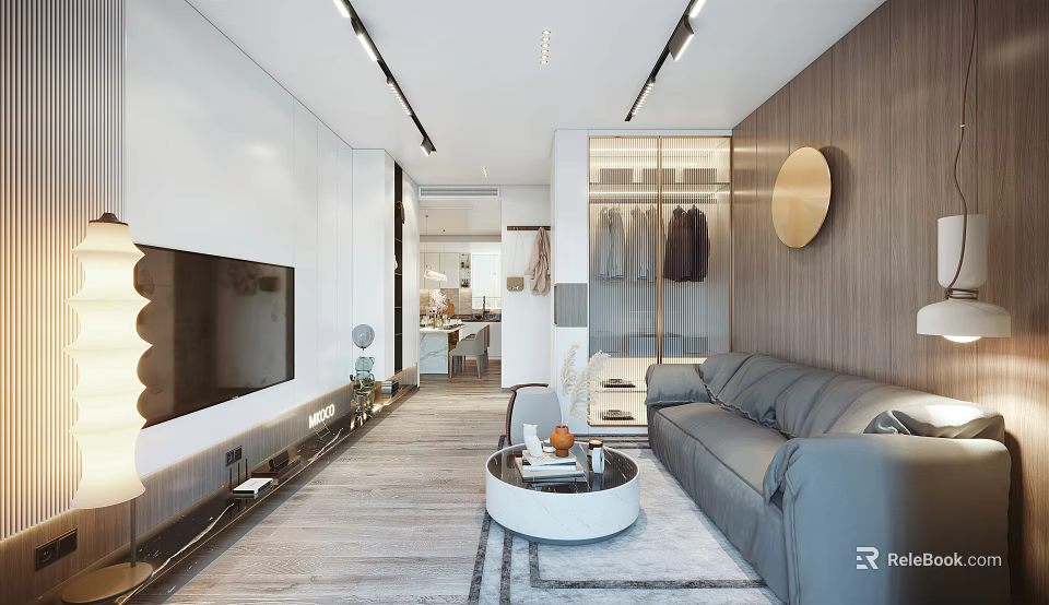 Modern Living Dining Interior Design With Sofa Coffee Table TV Wall Open Layout And Lighting 3d model 