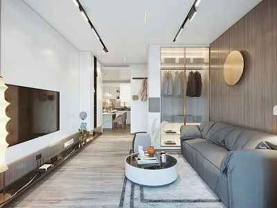 Modern Living Dining Interior Design With Sofa Coffee Table TV Wall Open Layout And Lighting 3d model