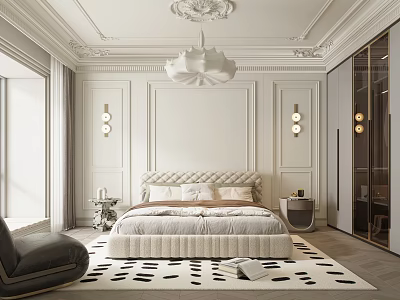 Modern Bedroom Interior Design With Upholstered Bed Chandelier And Area Rug 3d model