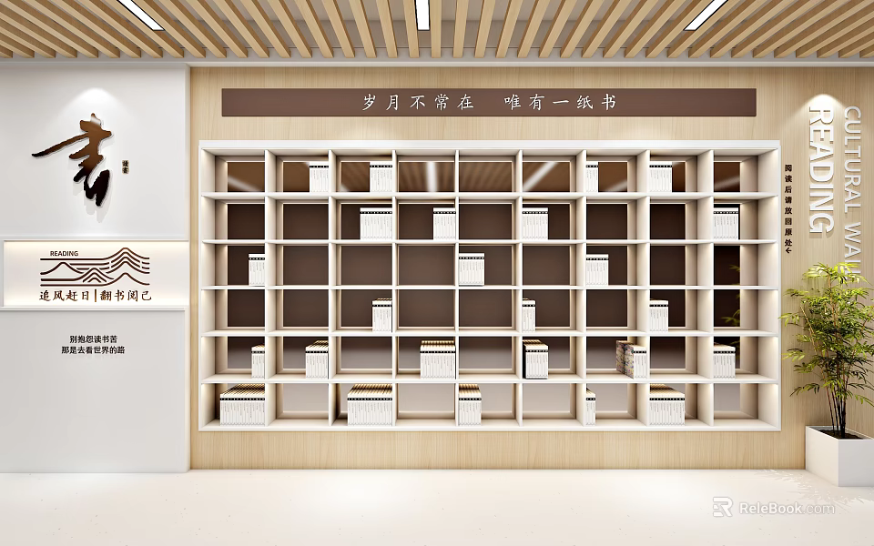 Campus Culture Wall Promoting Reading Culture With Organized Shelves And Book Fragrance 3d model 
