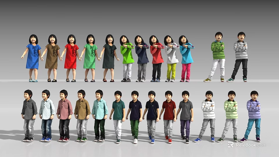 Group of Multiple Children Standing in Rows Wearing Various Colored Clothes 3d model