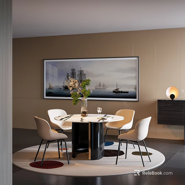 Modern Dining Table Set with Round Table White Chairs Sailing Ship Painting and Green Plants 3d model 
