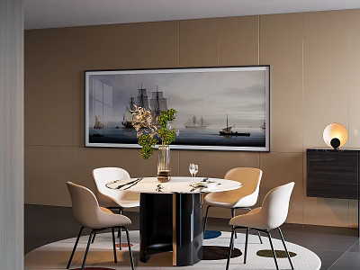 Modern Dining Table Set with Round Table White Chairs Sailing Ship Painting and Green Plants 3d model