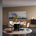 Modern Dining Table Set with Round Table White Chairs Sailing Ship Painting and Green Plants