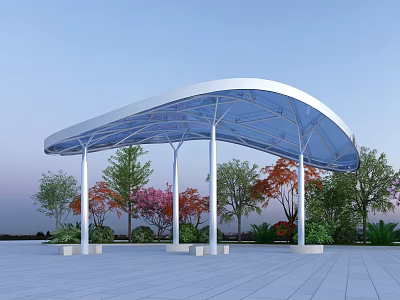 Modern Outdoor Pergola With White Pillars And Blue Canopy Surrounded By Colorful Trees And Plants 3d model
