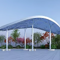 Modern Outdoor Pergola With White Pillars And Blue Canopy Surrounded By Colorful Trees And Plants