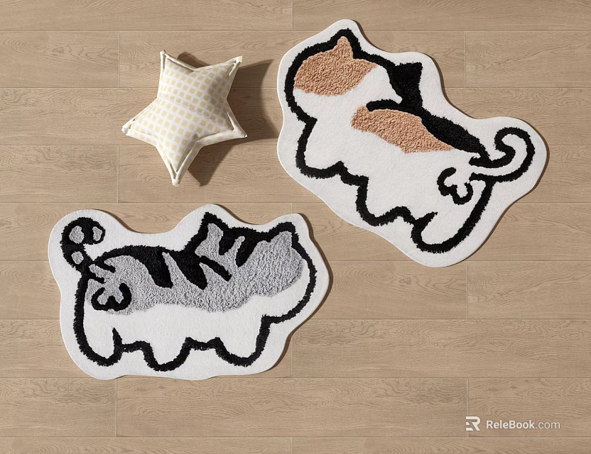 Cute Cat Shaped Rugs in Gray White and Brown White on Wooden Floor 3d model 