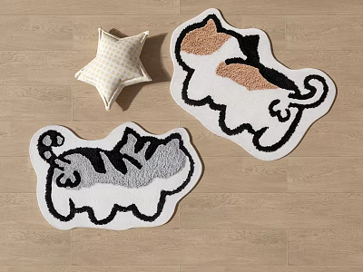 Cute Cat Shaped Rugs in Gray White and Brown White on Wooden Floor 3d model
