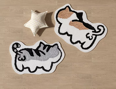 Cute Cat Shaped Rugs in Gray White and Brown White on Wooden Floor 3d model