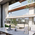Modern Courtyard Garden Terrace Design With White Umbrella Sofa Coffee Table And Green Plants