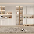 Modern Kitchen Wine Cabinet With Open Design White Cabinetry Glass Shelves And Decorative Items