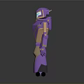 Purple Gold Robot Game Character With Glowing Blue Eyes Metallic Texture Design