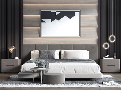 Modern Double Bed With Wooden Panel Background Geometric Painting Nightstand Table Lamp And Pendant Lights 3d model