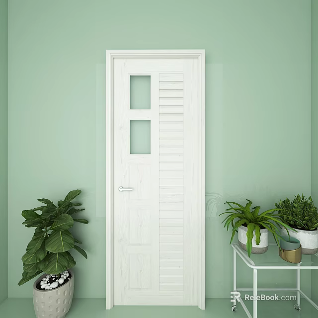 White Hinged Door With Glass Panels Louvered Design Against Light Green Wall And Green Plants 3d model 