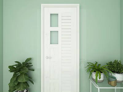 White Hinged Door With Glass Panels Louvered Design Against Light Green Wall And Green Plants 3d model