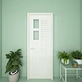 White Hinged Door With Glass Panels Louvered Design Against Light Green Wall And Green Plants