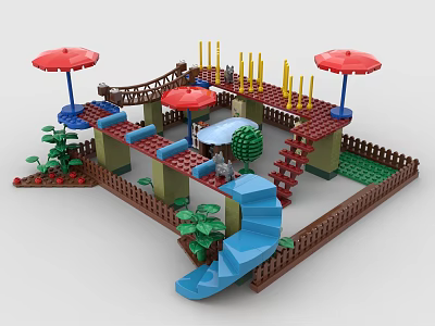 Building Blocks Playground Scene With Red Umbrellas Bridge Slide Plants And Fence 3d model