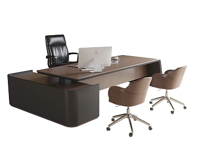 Modern Office Desk With Black Chair White Laptop And Light Brown Chairs 3d model