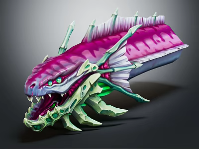 Purple and Green Fantasy Creature with Spikes Sharp Teeth Glowing Green Eyes 3d model