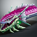 Purple and Green Fantasy Creature with Spikes Sharp Teeth Glowing Green Eyes