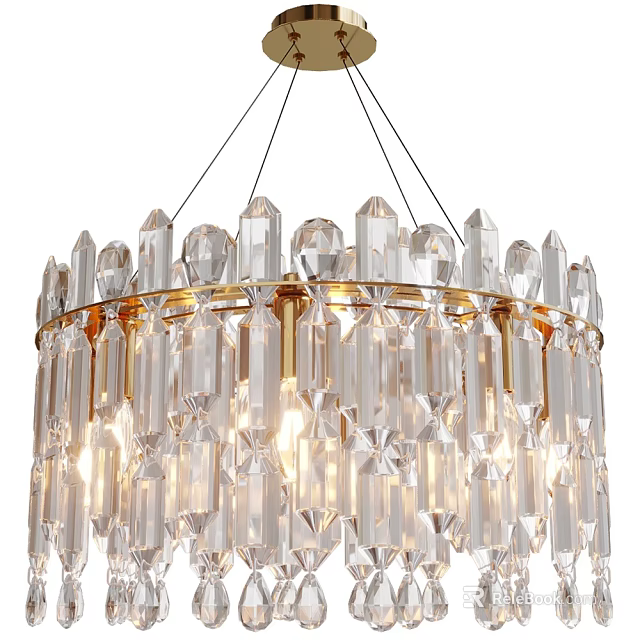 Modern Crystal Chandelier With Gold Frame And Transparent Pendants For Living Room 3d model 