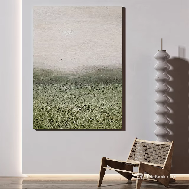 Modern Interior With Green Landscape Painting Spiral Sculpture And Rattan Chair 3d model 