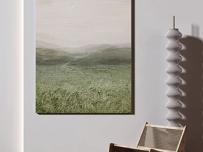 Modern Interior With Green Landscape Painting Spiral Sculpture And Rattan Chair 3d model