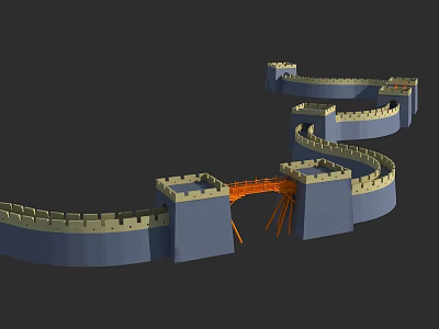 Great Wall 3D Model With Towers Walls And Orange Bridge Structure 3d model