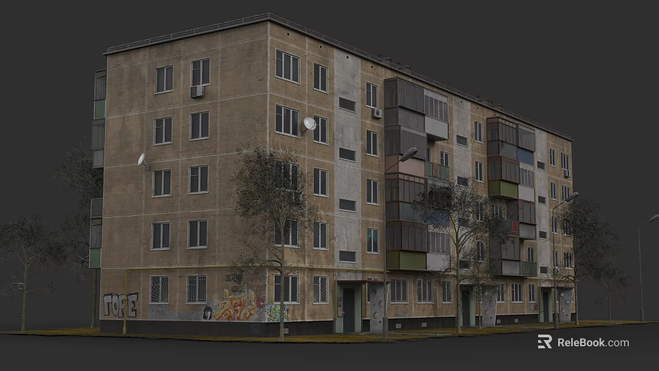 Old Apartment Building Exterior With Graffiti Air Conditioners And Trees 3d model 