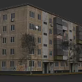 Old Apartment Building Exterior With Graffiti Air Conditioners And Trees