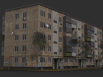 Old Apartment Building Exterior With Graffiti Air Conditioners And Trees 3d model