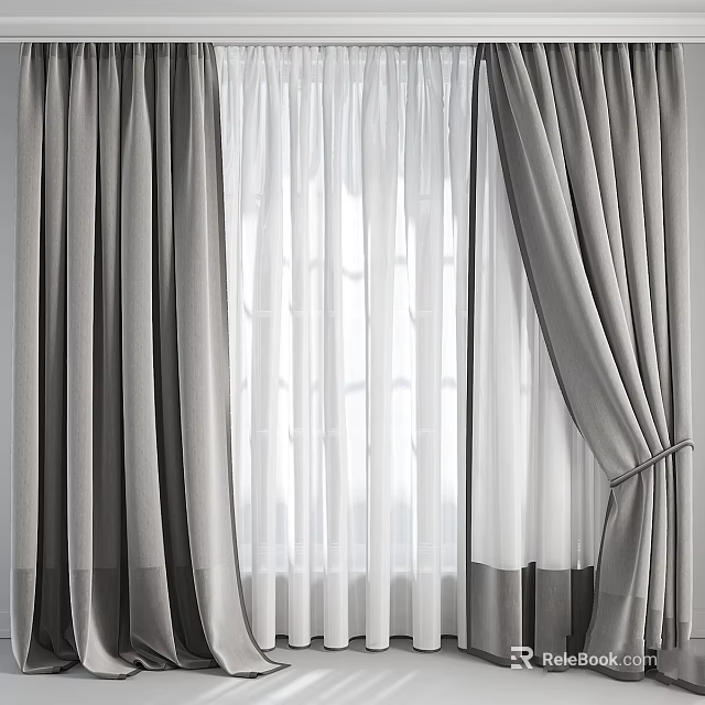 Gray Curtains Interior Design With Sheer Panels And Light Filtering Effect 3d model 
