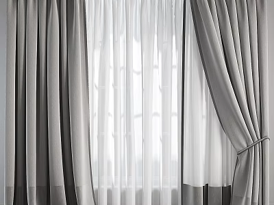 Gray Curtains Interior Design With Sheer Panels And Light Filtering Effect 3d model