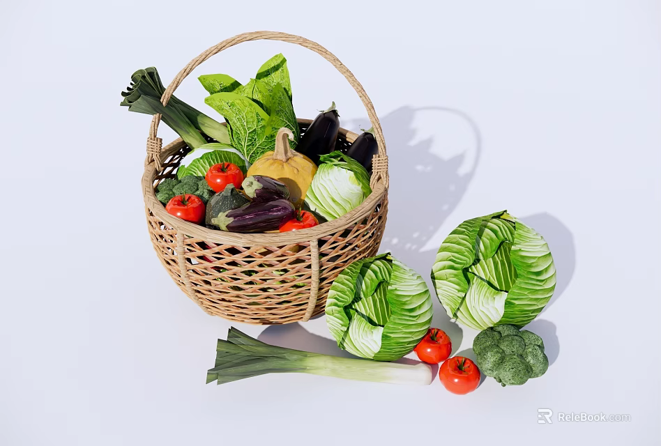 Fresh Vegetables in Wicker Basket with Cabbages Tomatoes Broccoli and Leeks on White Background 3d model 