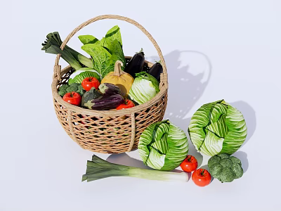 Fresh Vegetables in Wicker Basket with Cabbages Tomatoes Broccoli and Leeks on White Background 3d model