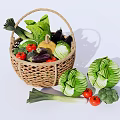 Fresh Vegetables in Wicker Basket with Cabbages Tomatoes Broccoli and Leeks on White Background