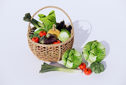 Fruit and vegetable combination bamboo basket vegetable basket cabbage green onion tomato eggplant 3d model