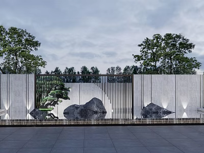 Serene Landscape Feature Wall with Natural Stone Boulders Pine Tree and Water Elements 3d model