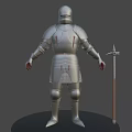 Silver Armor Worn By Human Figure With Spear On Round Platform Against Dark Background 3d model