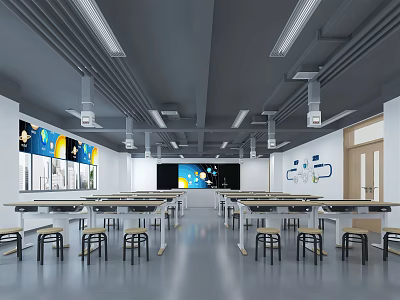 Modern School Classroom With Tech Savvy Multimedia Equipment And Spacious Bright Long Desks And Chairs 3d model