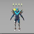 Futuristic Humanoid Character In Blue Purple Armor With Golden Shoulder Spikes And Yellow Back Spikes