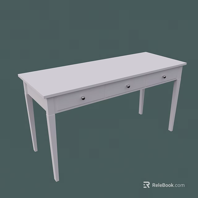 White Dressing Table With Long Tabletop Three Drawers And Black Handles Slim Legs 3d model 