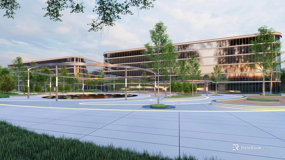 Modern Landscape Design With Trees Pathways And Open Plaza Around Buildings 3d model 
