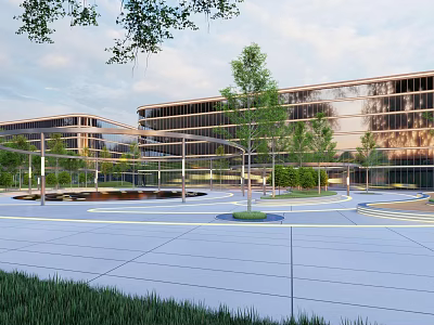 Modern Landscape Design With Trees Pathways And Open Plaza Around Buildings 3d model
