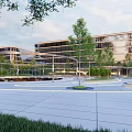 Modern Landscape Design With Trees Pathways And Open Plaza Around Buildings